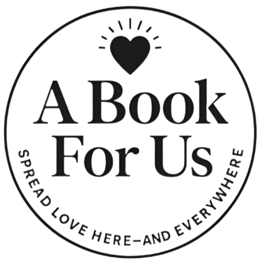 Circular logo with text 'A Book For Us' and a heart symbol on a white background